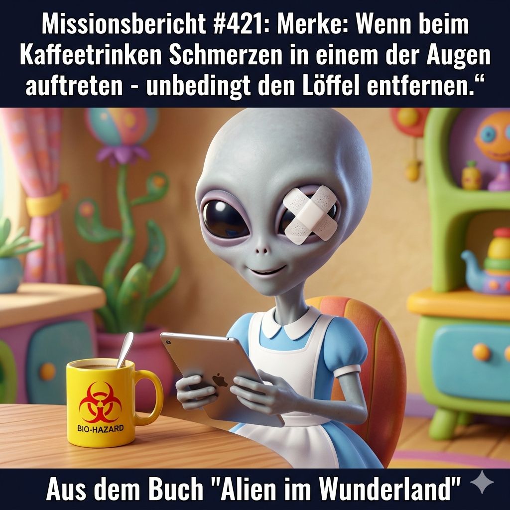 Kirk-Meme: Ein Alien mit Pflaster ueber dem Auge notiert, dass man beim Kaffeetrinken den Loeffel aus der Tasse nehmen sollte &ndash; aus dem Roman Alien im Wunderland
